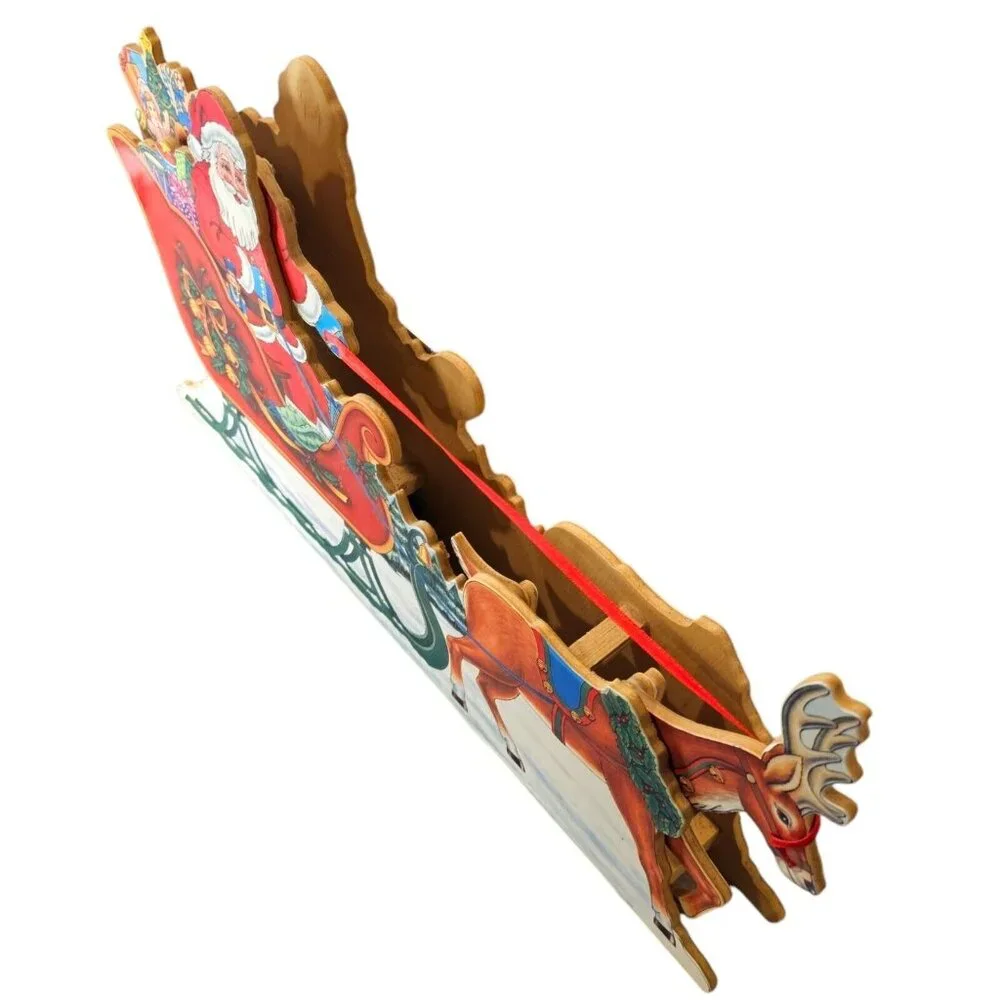 90s Christmas Animated Santa Sleigh‎ Reindeer Wooden Musical Winter Wall Decor